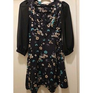 Sunny Girl Dress Womens Small Black Blue White Floral Fit & Flare Midi A-Line